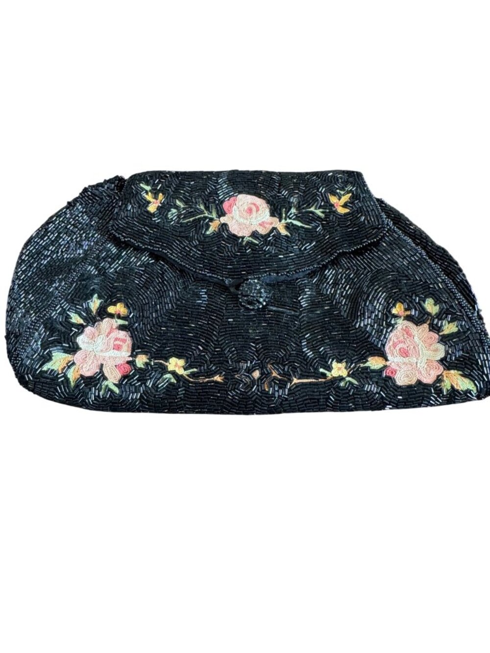 Vtg Black Beaded Floral Clutch Purse Made In France With Embroidered Rose Design
